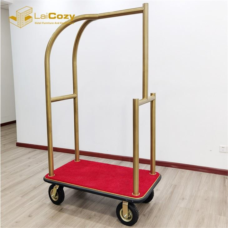 Carro de equipaje Bellman de acero inoxidable dorado de titanio para servicio pesado del hotel